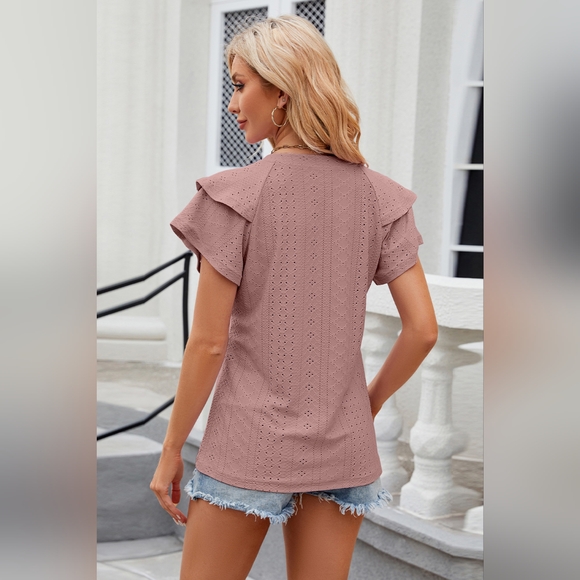 Eyelet Notched Short Sleeve Pink Purple T-Shirt Top - Picture 4 of 5